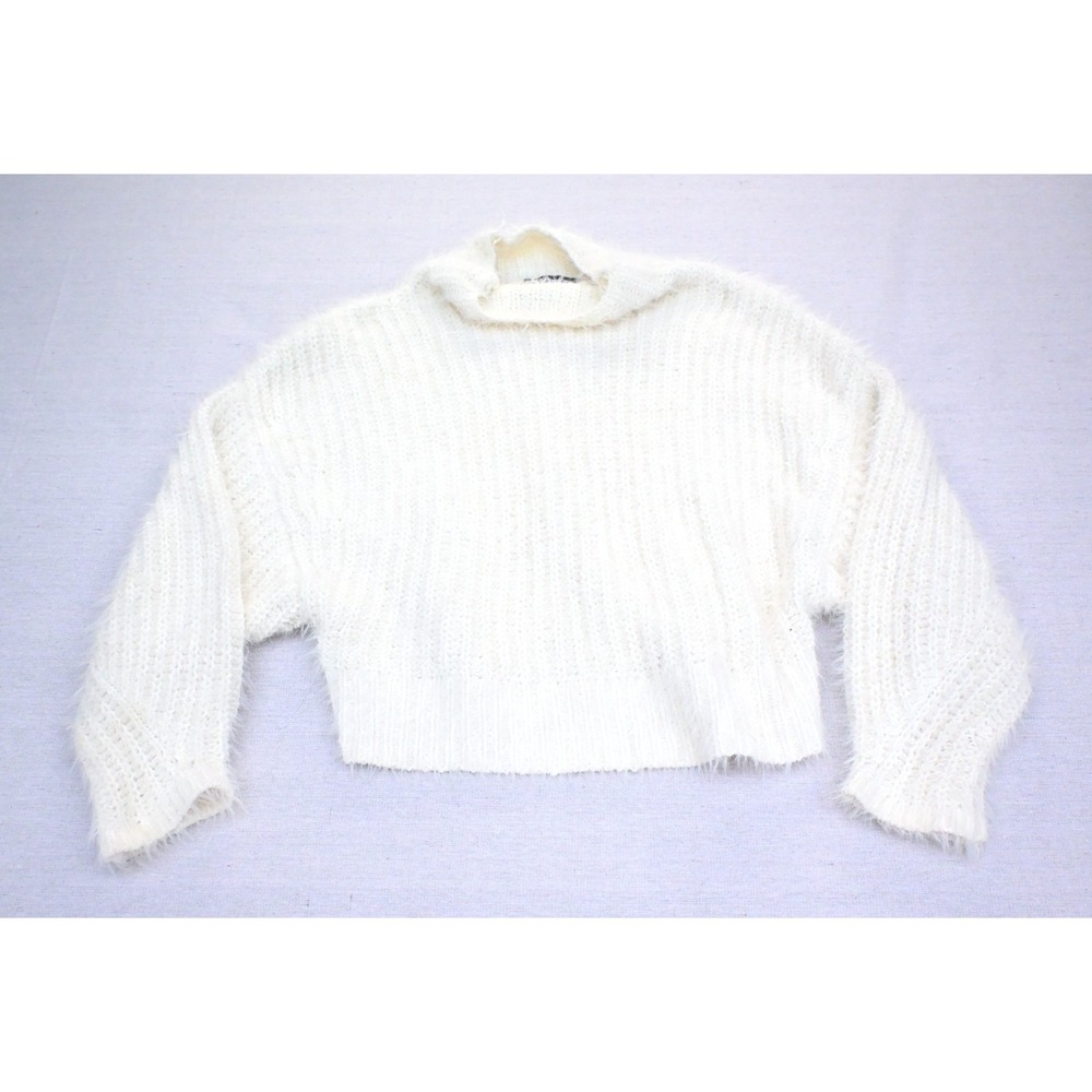 Express Womens XS Cropped Mock Neck Sweater Ivory Chunky Knit Drop Shoulder